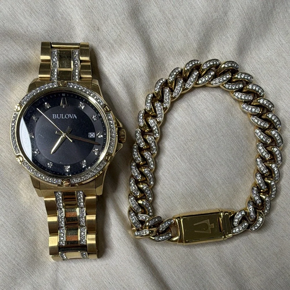 Bulova Men's Gold Tone Bracelet Analog Black Dial Date Diamond Markers Bezel